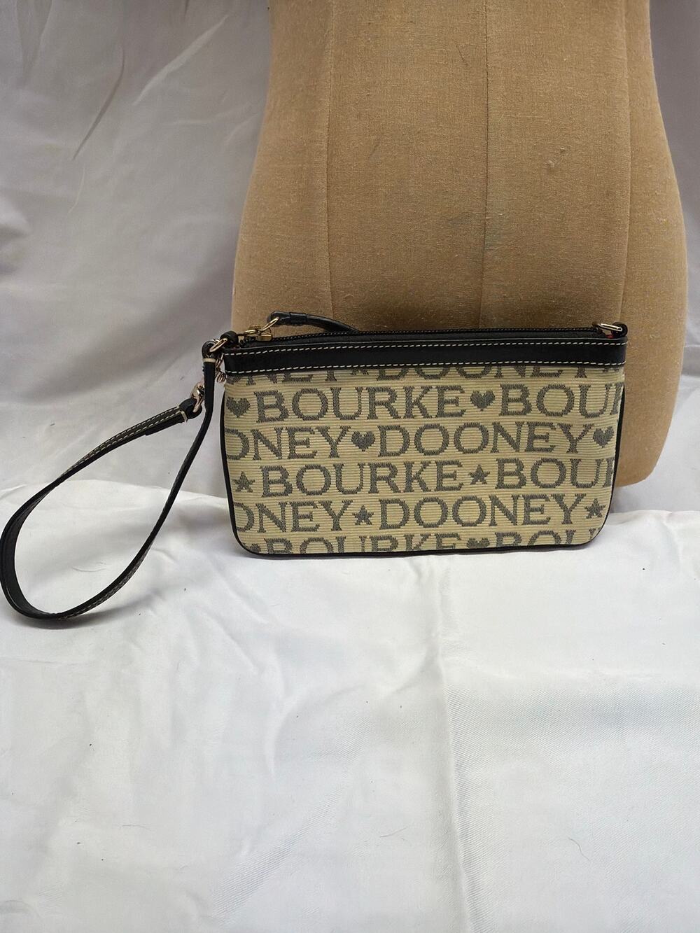 Dooney & Bourke Logo Wristlet – Beige DB Print – Black Strap – Red Interior